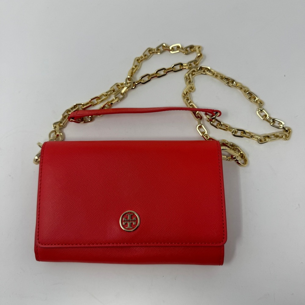 Tory Burch Womens Robinson Chain Wallet Red Preowned Saffiano Leather Crossbody